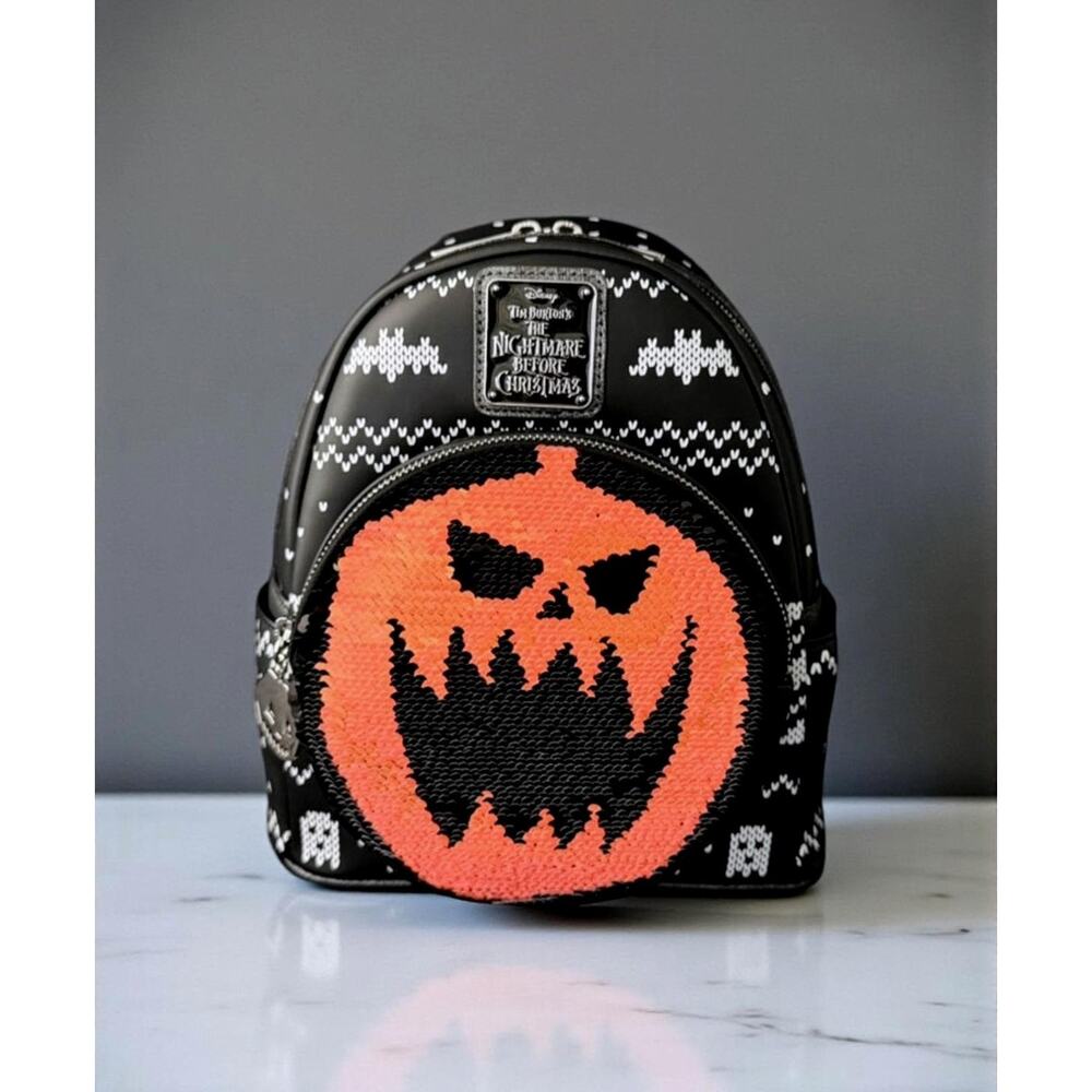 Loungefly NBC Disney Jack Skellington Reversible Sequin Pumpkin King Backpack
